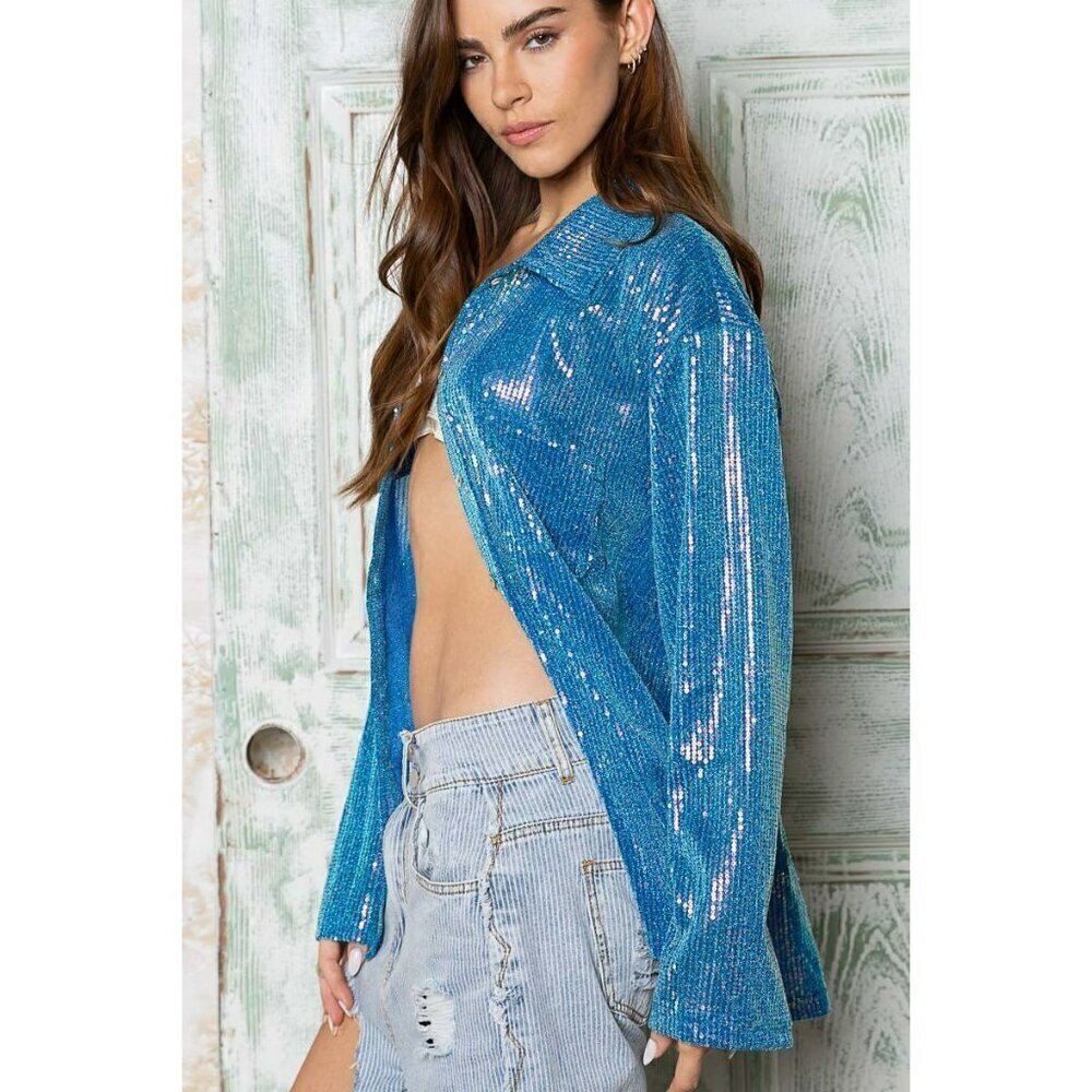 Life's a Party Sequin Button-Up Shirt in Ocean Blue - Picture 7 of 11